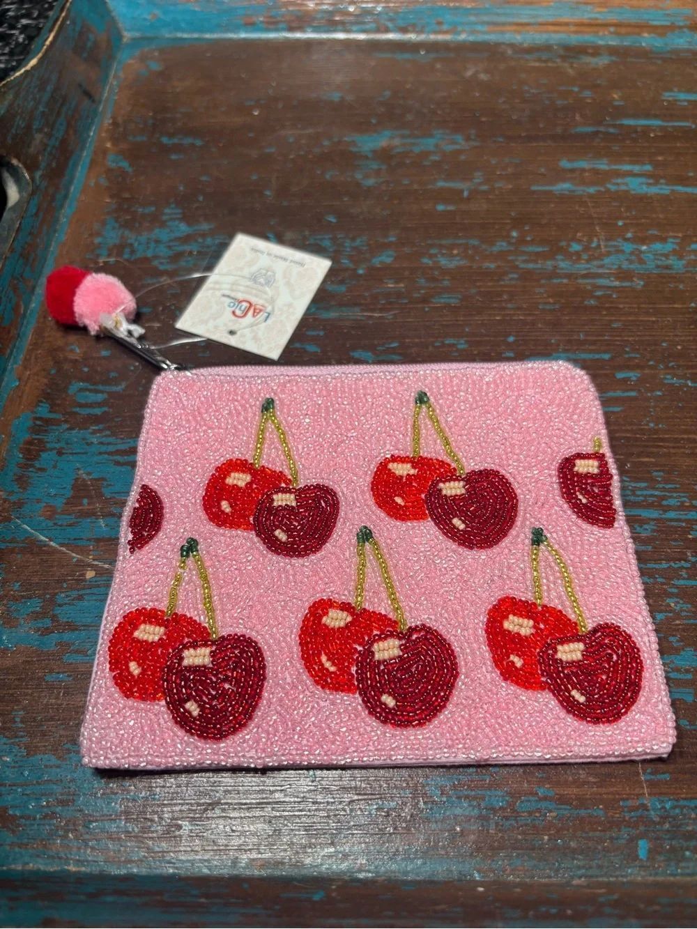 New Pink Beaded Cherry Coin Purse Wristlet Accessories